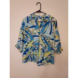 Women’s Chicos Sz 2 Womens Large Colorful Blouse 3/4 Rolled Sleeve Blue Green